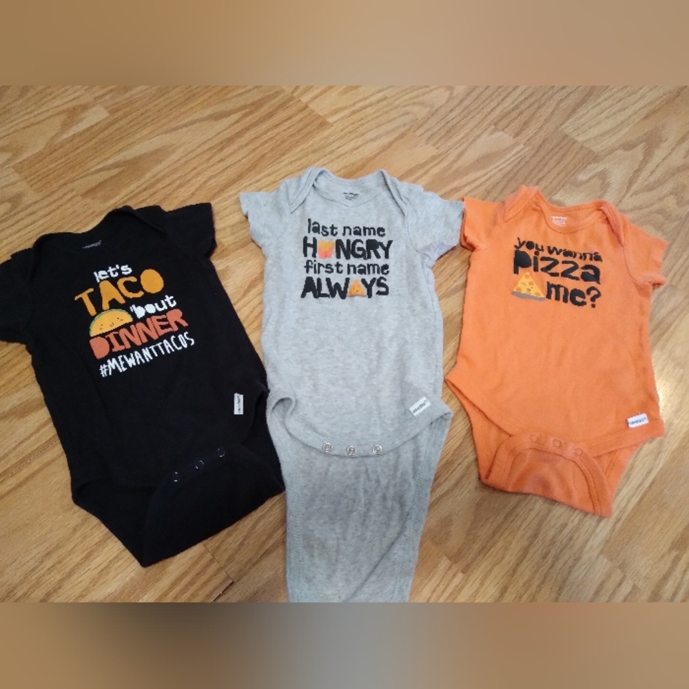 Lot Of 3 Onesies. Funny. Black, Gray & Orange. Baby 6-9 Months